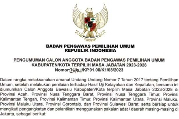 Pengumuman Bawaslu Se Kalteng