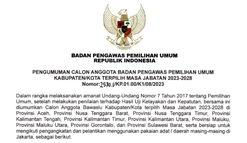 Pengumuman Bawaslu Se Kalteng