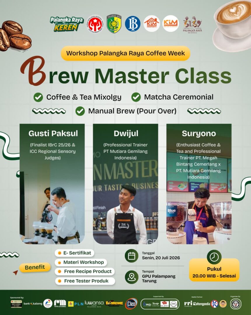 BPJS Ketenagakerjaan Cabang Palangka Raya akan ambil bagian dalam rangkaian Palangka Raya Coffee Week 2026 melalui sebuah talkshow bertajuk "Meracik Kopi, Melindungi Masa Depan". Kegiatan tersebut akan digelar pada Senin (20/7/2026) pukul 19.00 WIB di Aula GPU Palampang Tarung.